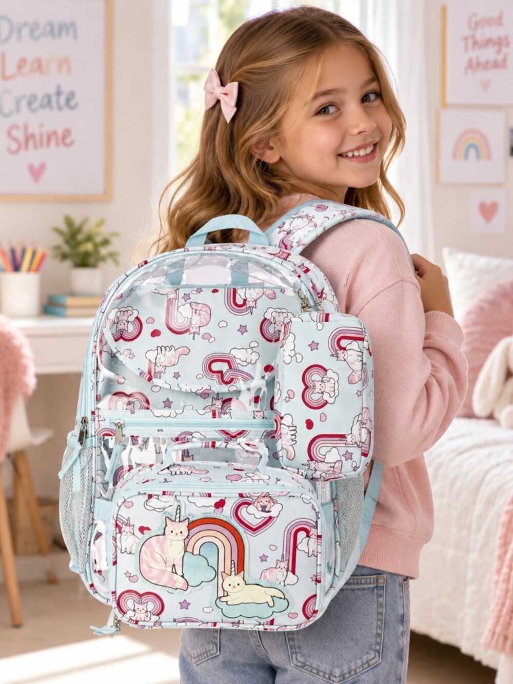 Wonder Nation Caticorn Clear Backpack 17" 4 Piece Set Lunch Bag Laptop Pouch